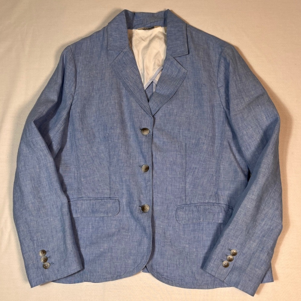 LL Bean Womens Blue 100% Linen 3-Button Blazer Jacket Size L Regular 287688